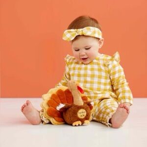 Mud Pie Mustard Gingham Bodysuit And Headband Set Cotton Gauze NWT 6-9 Months